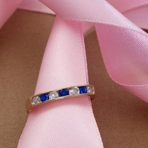 Real 14K Gold Ring, Size 6.5, CZ White and Blue Stones
